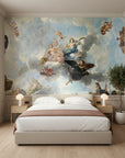 Blue and cream Angels Above Renaissance ceiling mural wallpaper in elegant bedroom setting