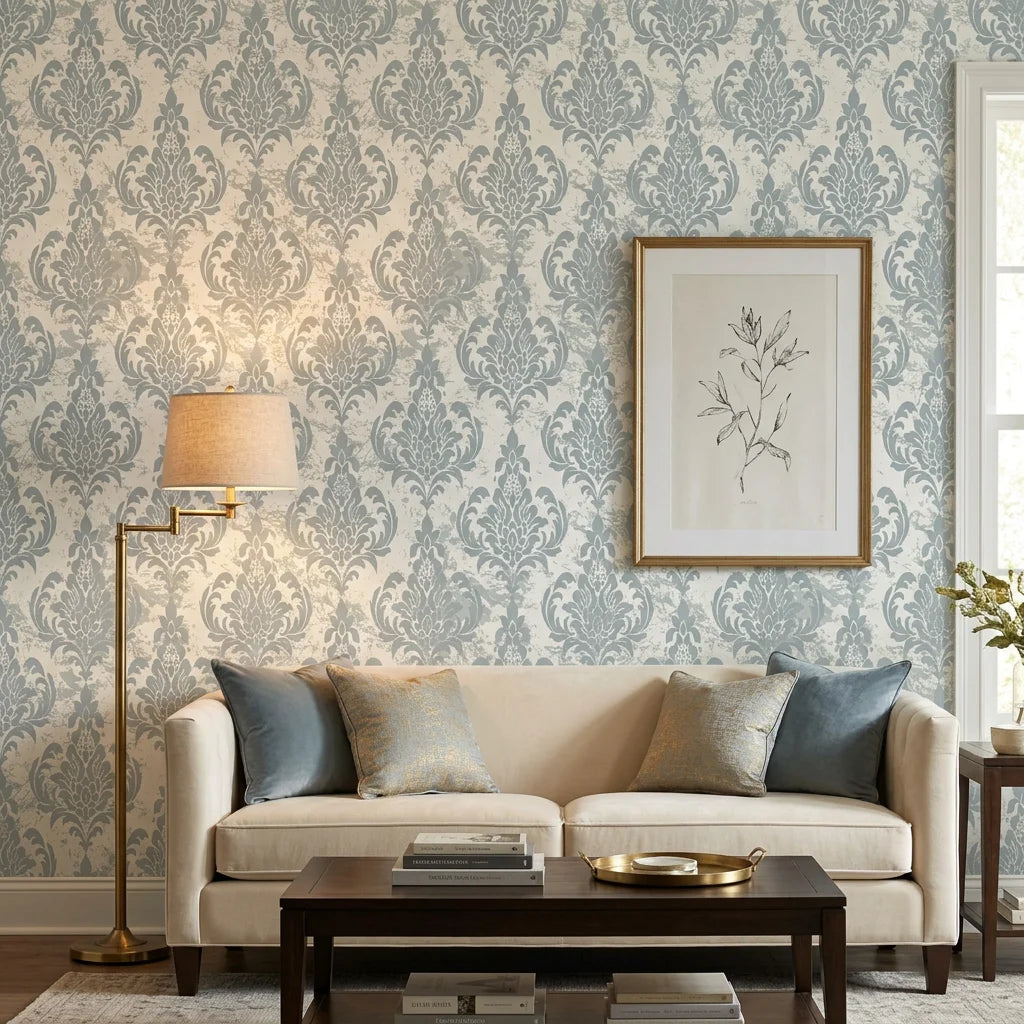 Antique Fern Mist sage green distressed damask wallpaper in a warm and inviting living room