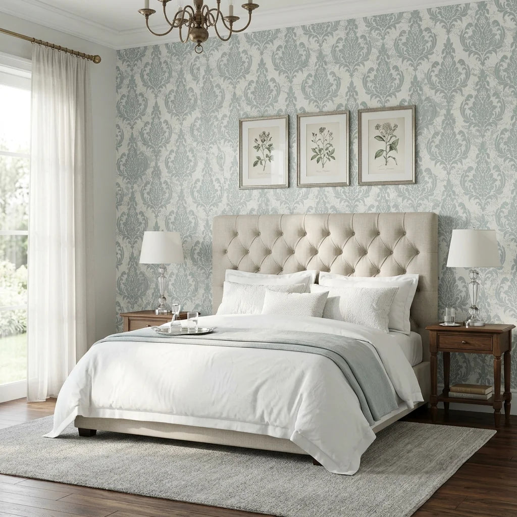Antique Fern Mist sage green distressed damask wallpaper adding character to a cozy bedroom