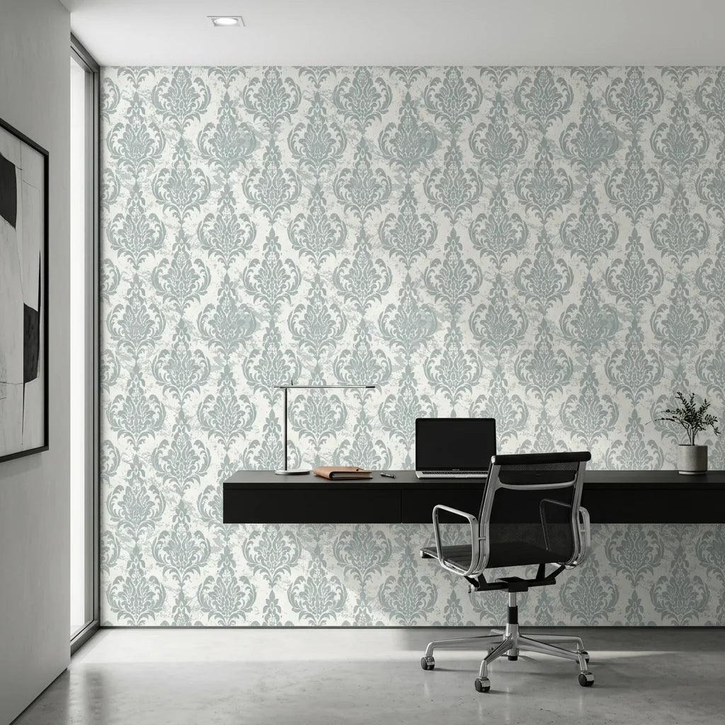Antique Fern Mist sage green distressed damask wallpaper as a feature wall in a bright home office