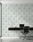 Antique Fern Mist sage green distressed damask wallpaper as a feature wall in a bright home office