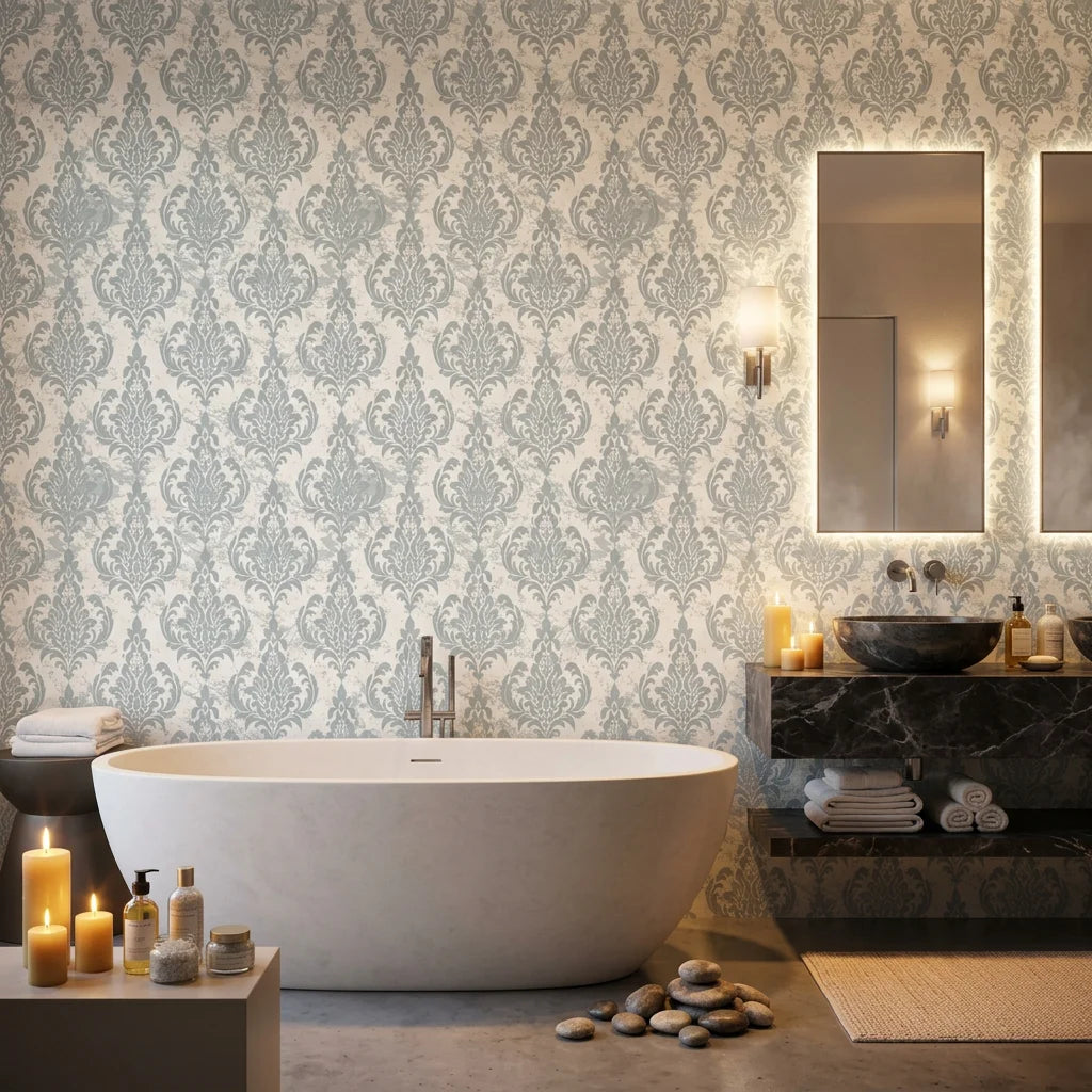 Antique Fern Mist sage green distressed damask wallpaper creating ambiance in a serene bathroom
