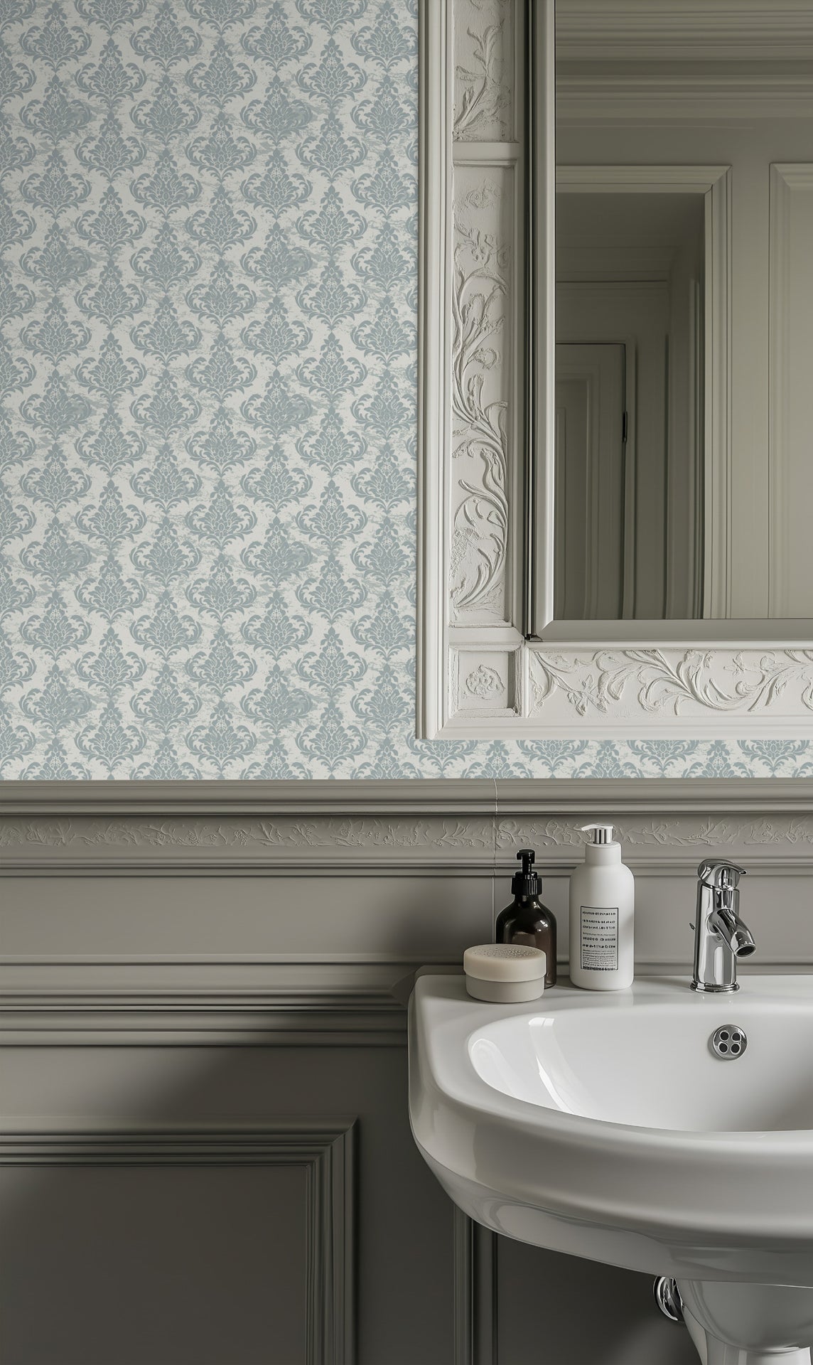 Distressed grey vintage damask with a weathered aesthetic for traditional rooms.
