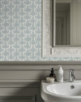 Distressed grey vintage damask with a weathered aesthetic for traditional rooms.