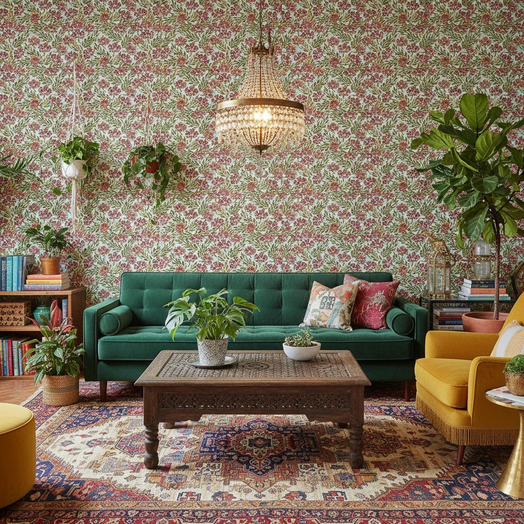 Antique Petal Wash burgundy vintage floral wallpaper in a warm and inviting living room