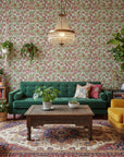Antique Petal Wash burgundy vintage floral wallpaper in a warm and inviting living room