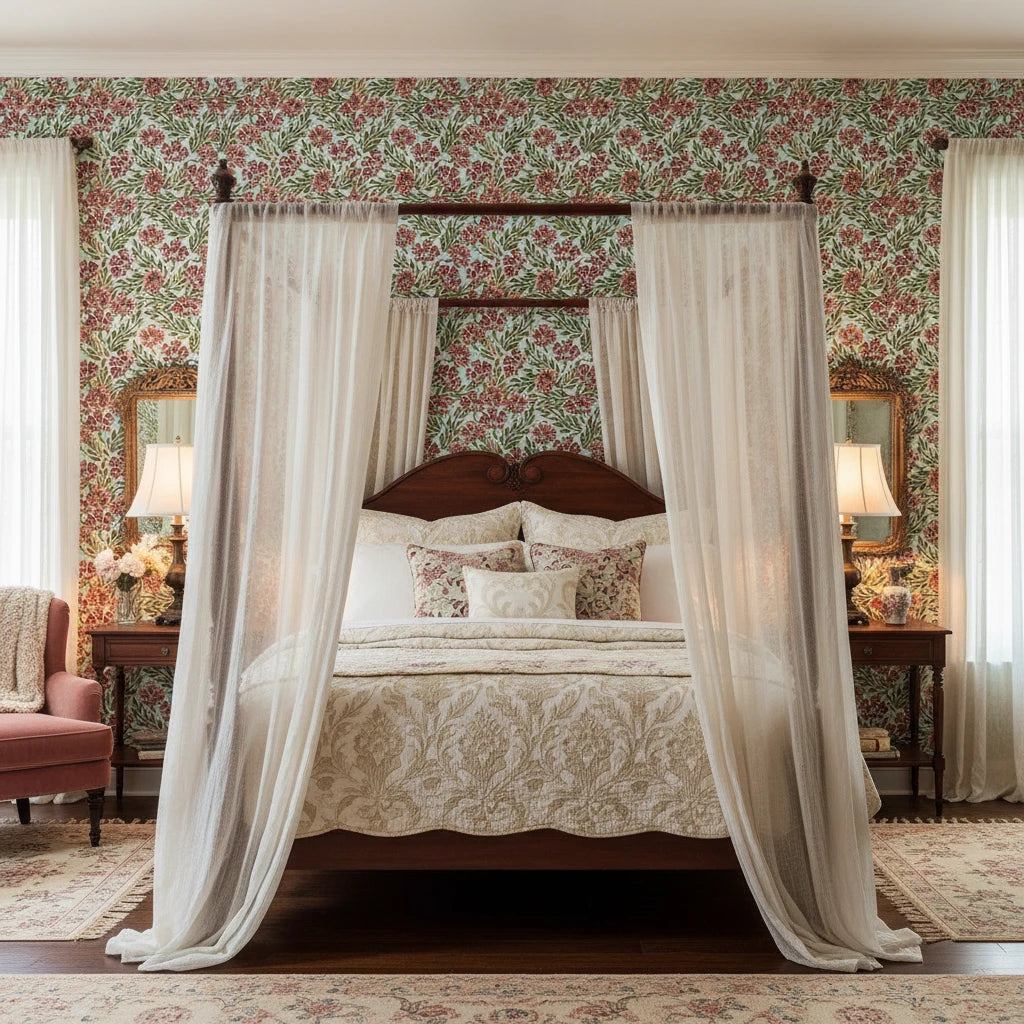 Antique Petal Wash burgundy vintage floral wallpaper adding character to a cozy bedroom