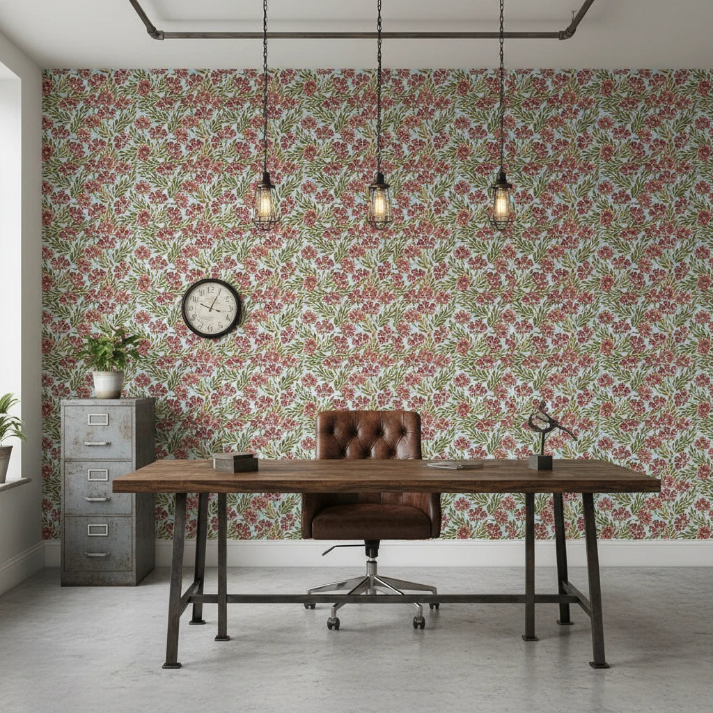Antique Petal Wash burgundy vintage floral wallpaper as a feature wall in a bright home office
