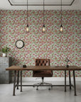 Antique Petal Wash burgundy vintage floral wallpaper as a feature wall in a bright home office