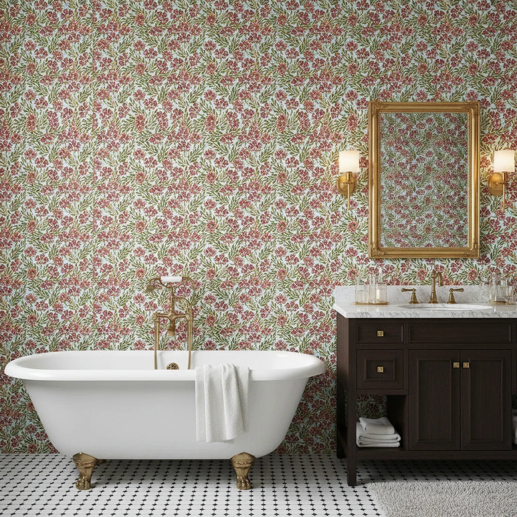 Antique Petal Wash burgundy vintage floral wallpaper creating ambiance in a serene bathroom