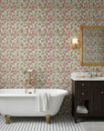 Antique Petal Wash burgundy vintage floral wallpaper creating ambiance in a serene bathroom