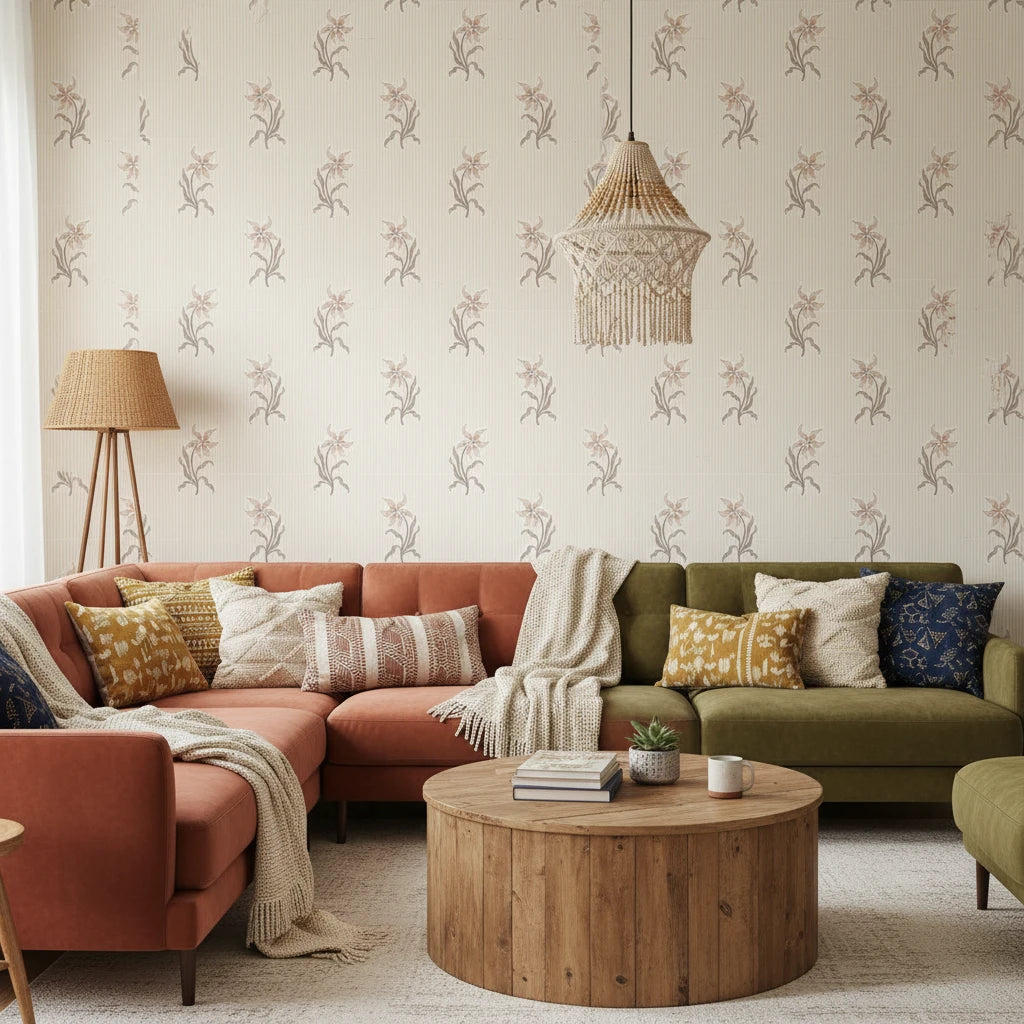 Antique Stripe Charm blush vintage floral wallpaper in a warm and inviting living room
