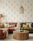 Antique Stripe Charm blush vintage floral wallpaper in a warm and inviting living room