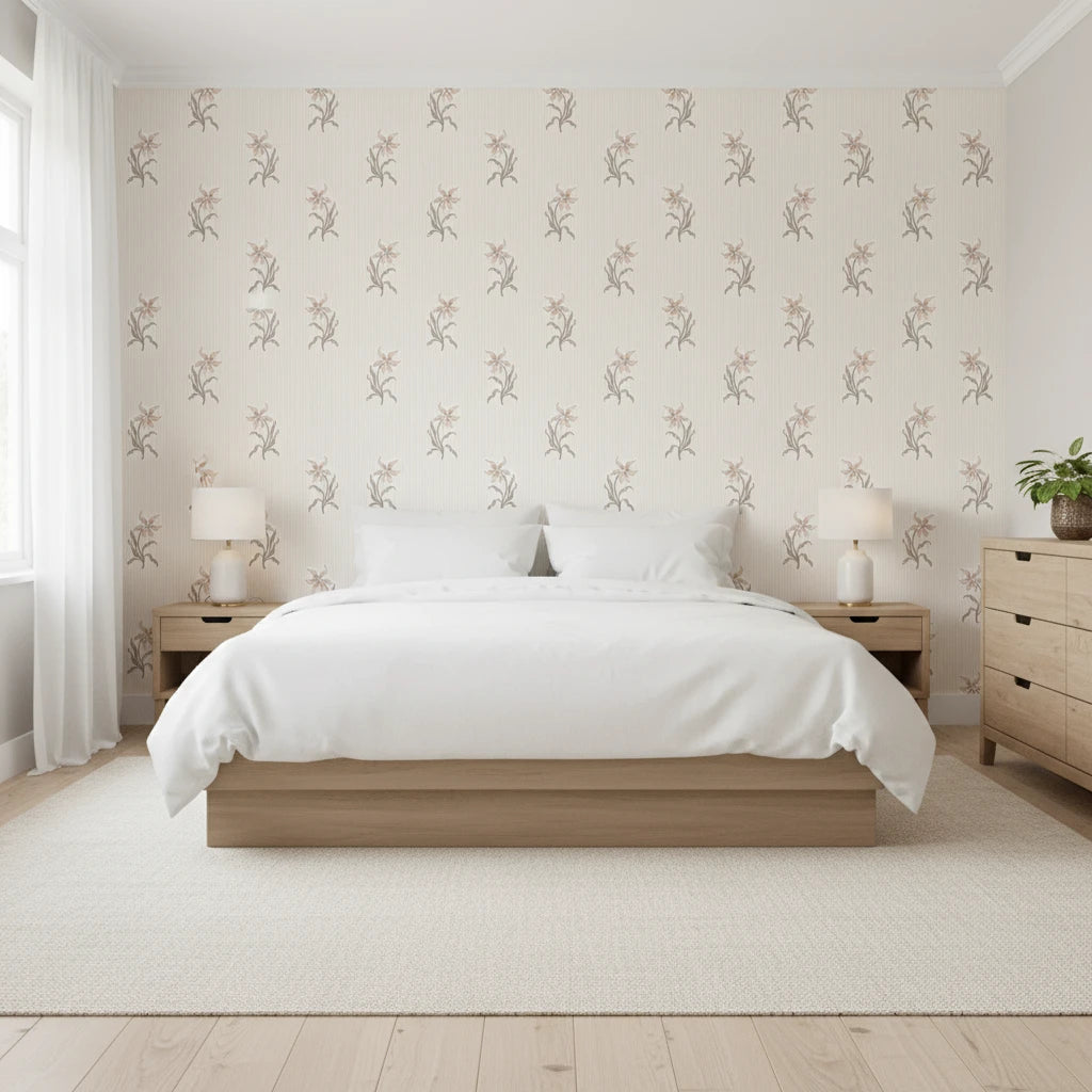Antique Stripe Charm blush vintage floral wallpaper adding character to a cozy bedroom