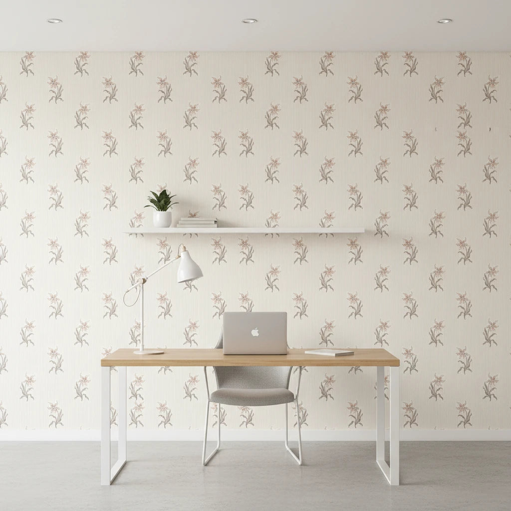 Antique Stripe Charm blush vintage floral wallpaper as a feature wall in a bright home office