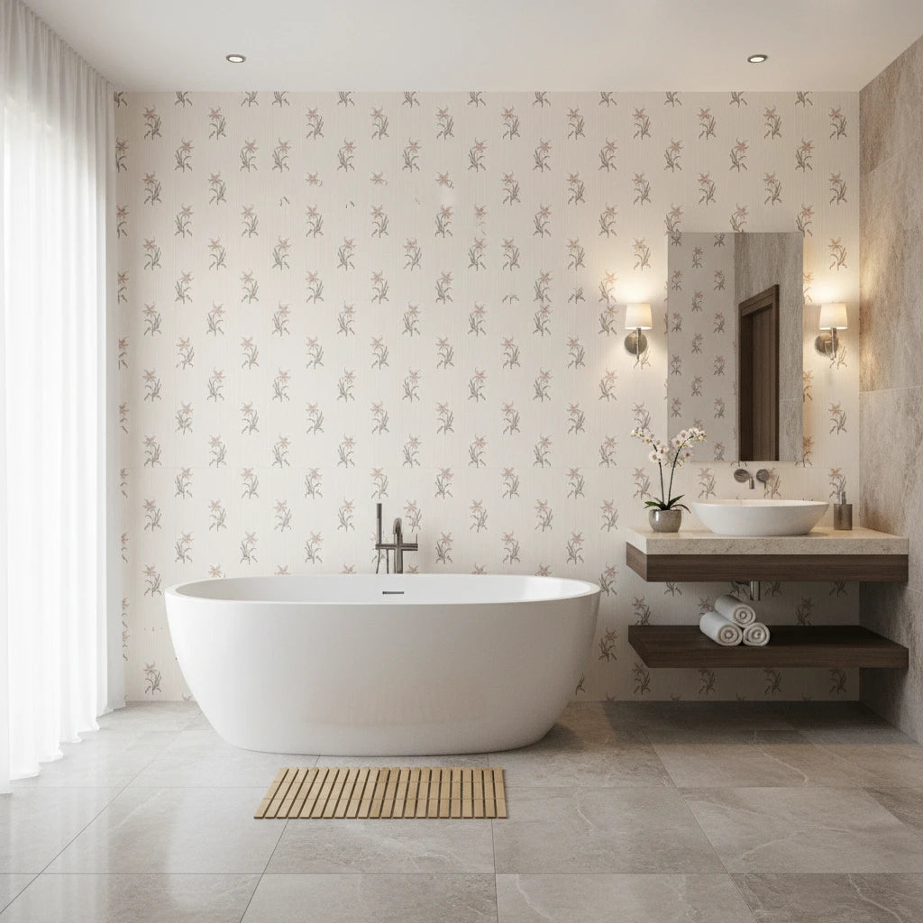 Antique Stripe Charm blush vintage floral wallpaper creating ambiance in a serene bathroom