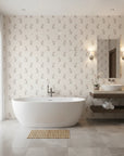Antique Stripe Charm blush vintage floral wallpaper creating ambiance in a serene bathroom