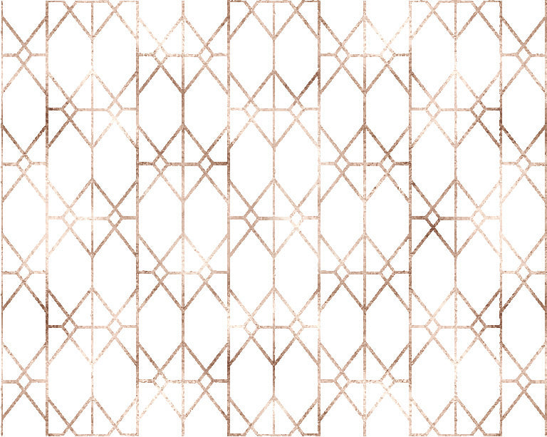 A repeating geometric grid pattern of Art Deco lines in rose gold, set against a gentle white backdrop.