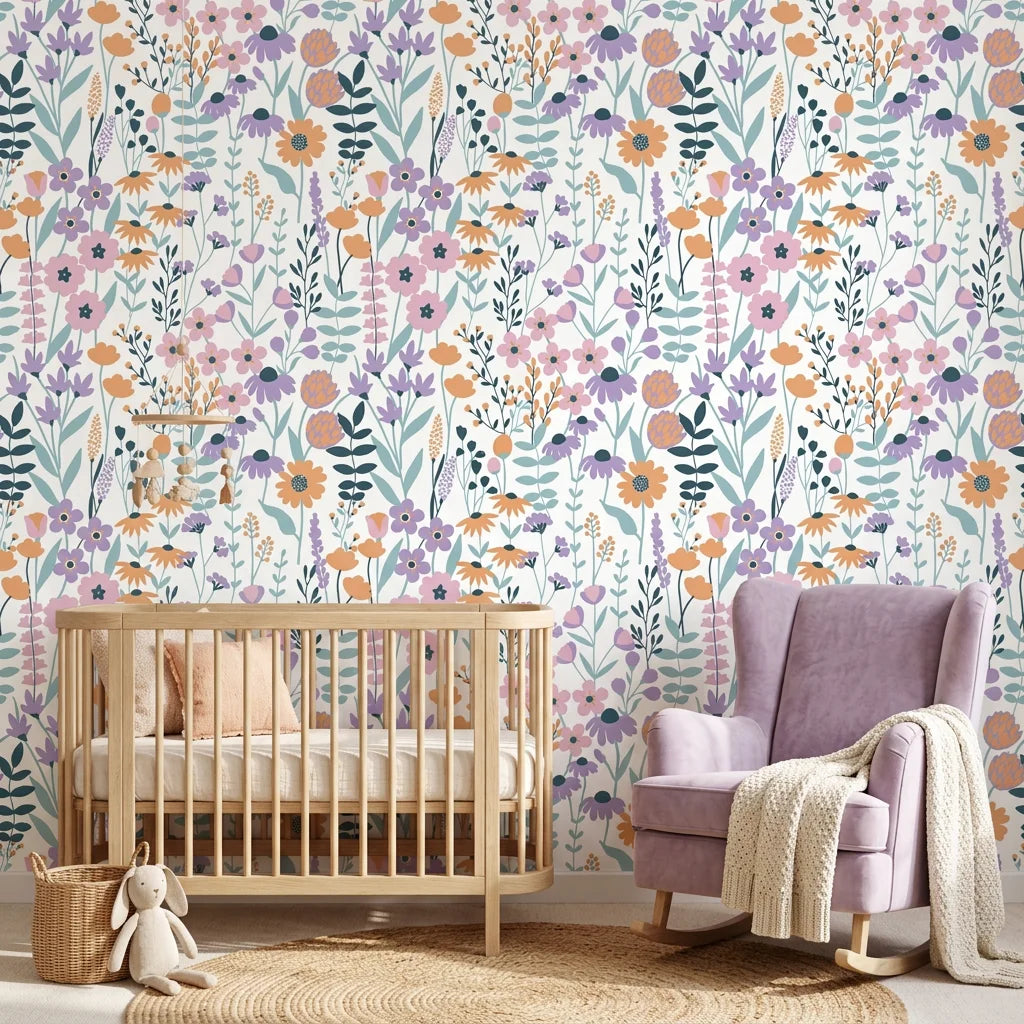 Smooth white pastel floral peel and stick wallpaper - Apricot Meadow