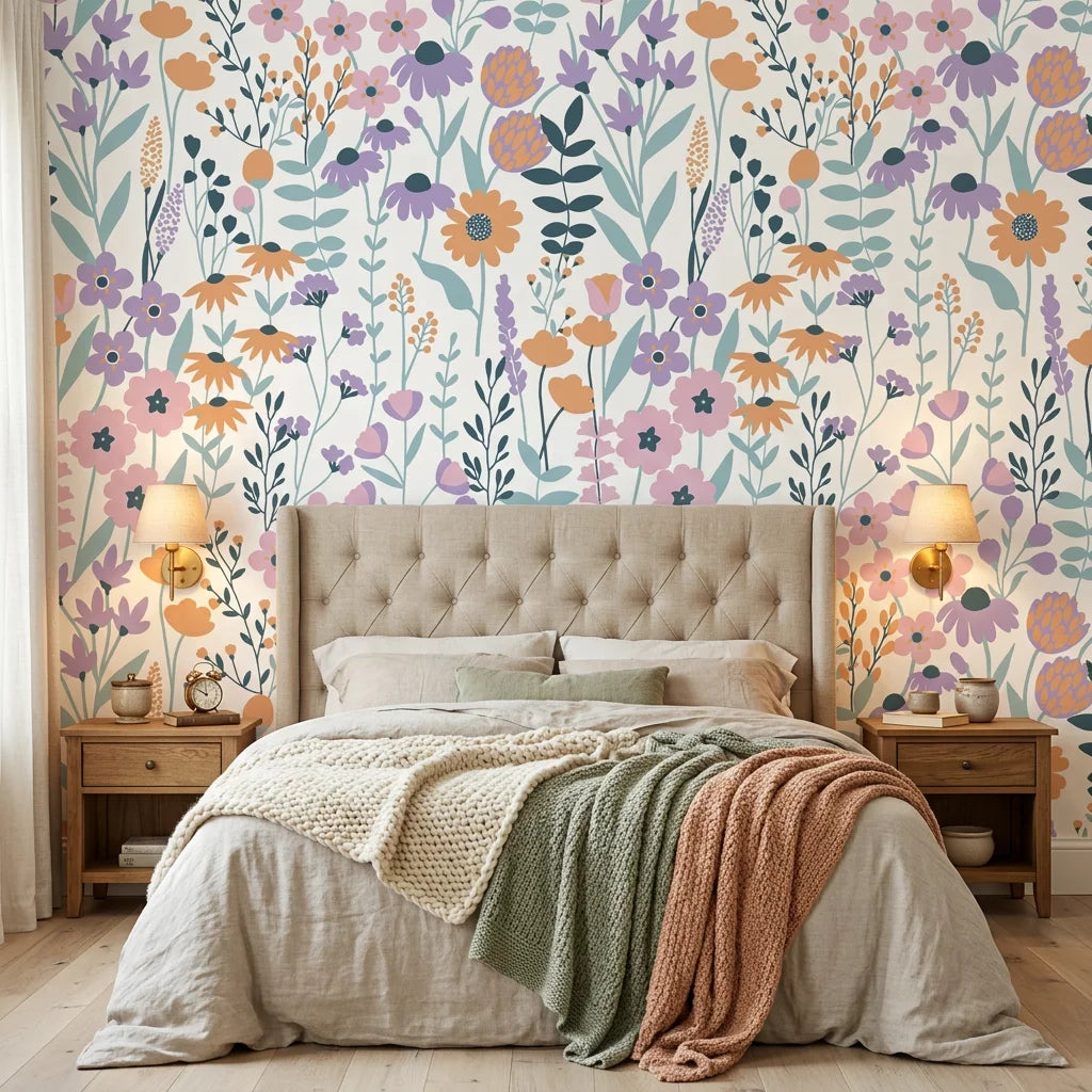 Apricot Meadow pastel floral peel and stick wallpaper in a warm and inviting living room
