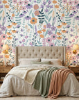 Apricot Meadow pastel floral peel and stick wallpaper in a warm and inviting living room