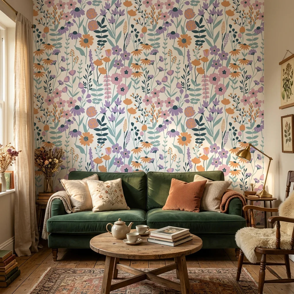 Apricot Meadow pastel floral peel and stick wallpaper adding character to a cozy bedroom