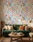 Apricot Meadow pastel floral peel and stick wallpaper adding character to a cozy bedroom