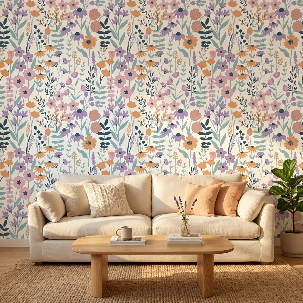 Apricot Meadow pastel floral peel and stick wallpaper as a feature wall in a bright home office