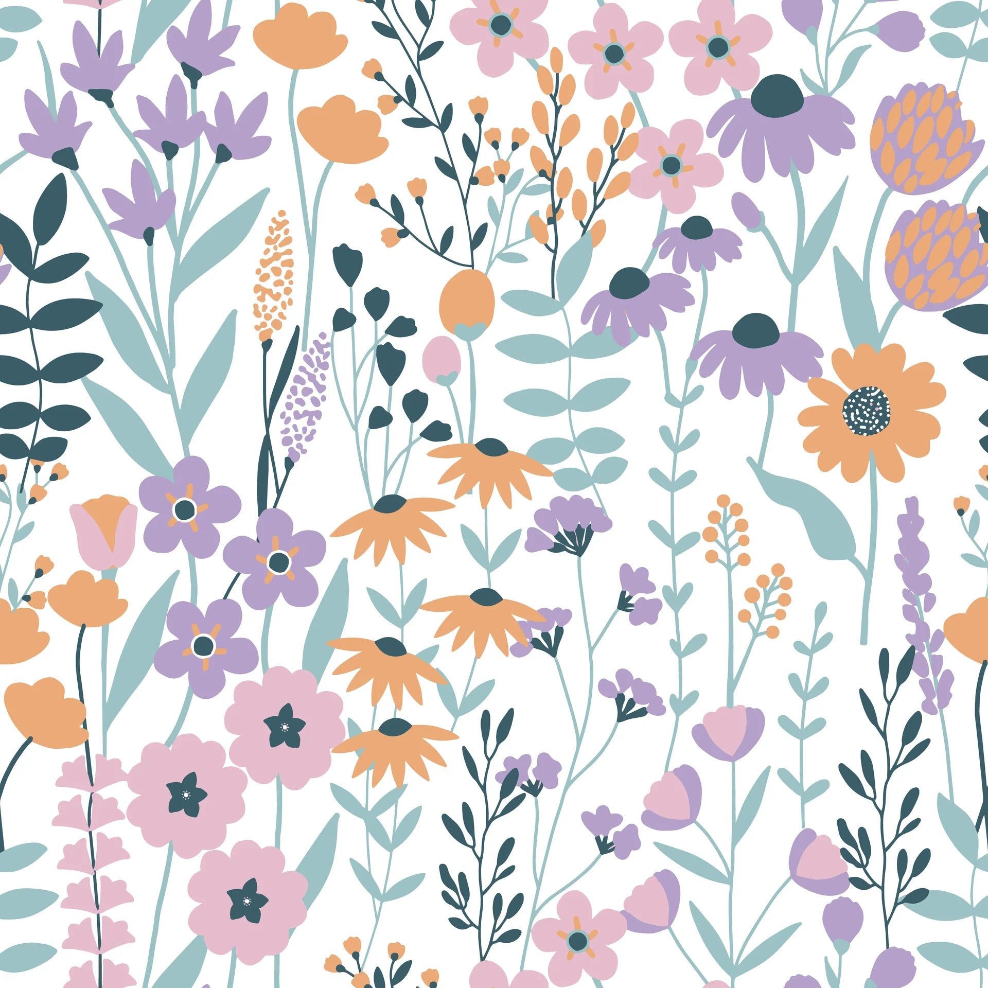 Apricot Meadow pastel floral peel and stick wallpaper creating ambiance in a serene bathroom