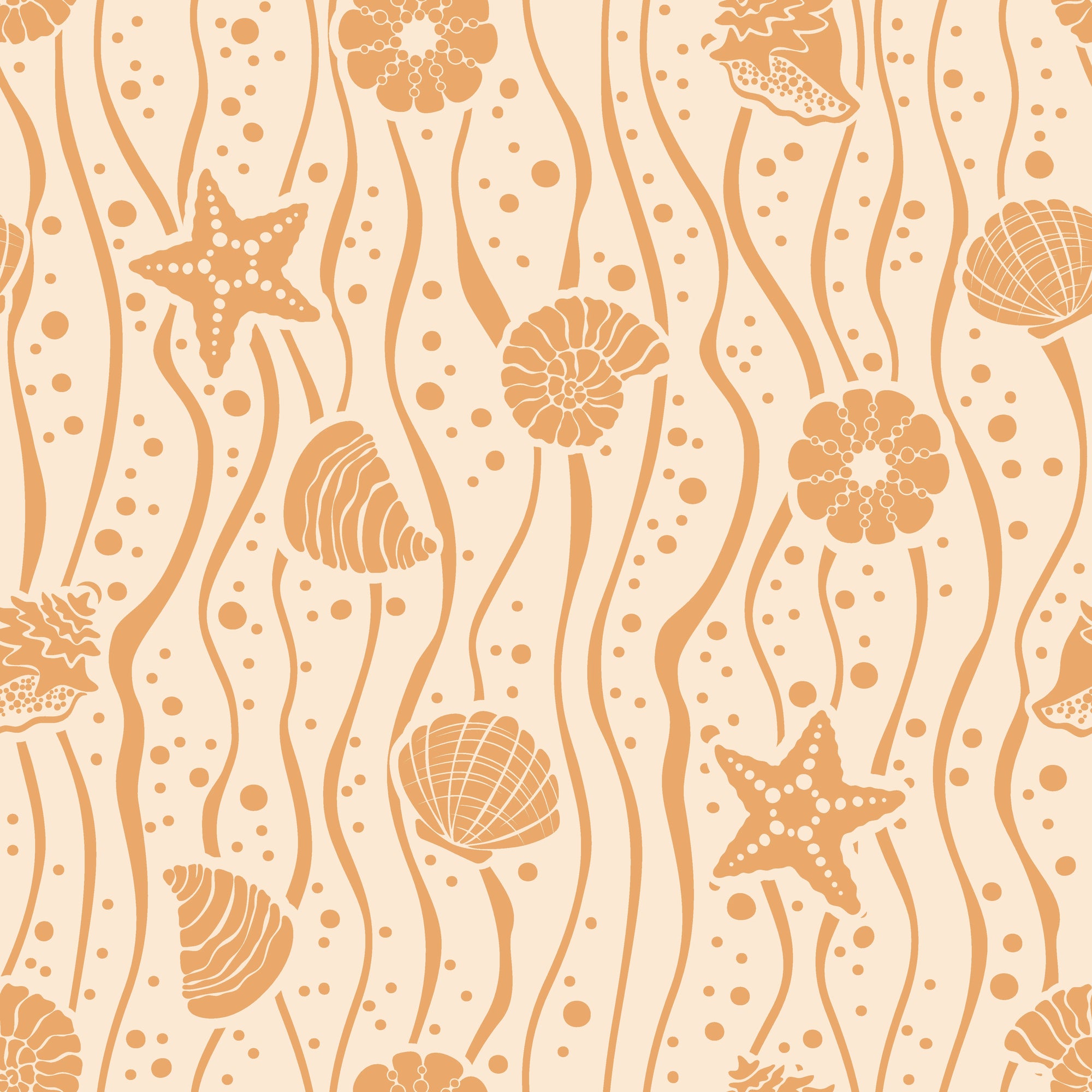 Smooth apricot seashell and starfish peel and stick wallpaper - Apricot Tides