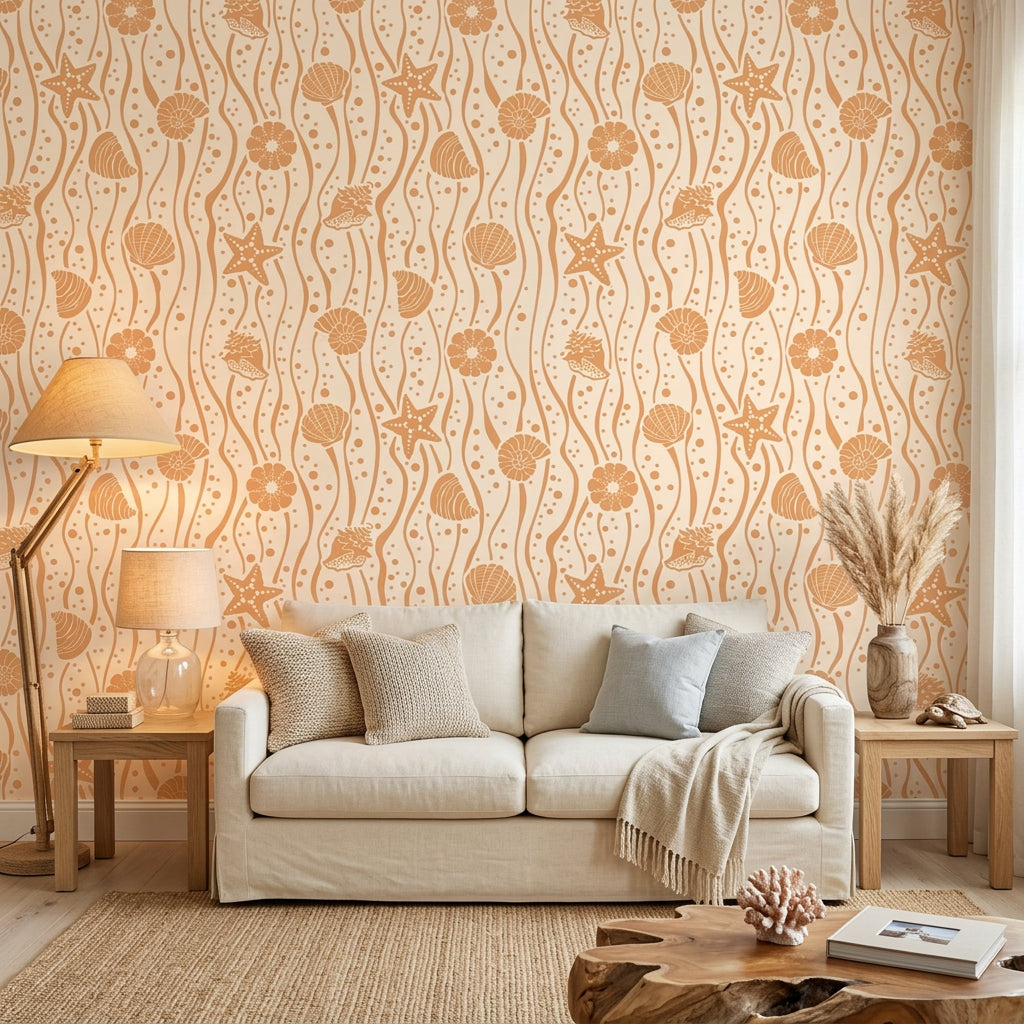 Apricot Tides warm coastal seashell wallpaper in a warm and inviting living room