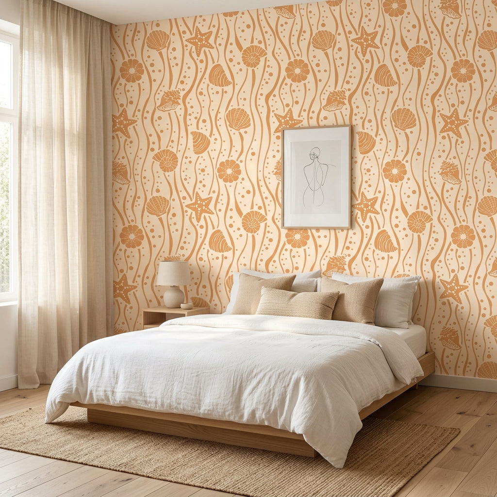 Apricot Tides warm coastal seashell wallpaper adding character to a cozy bedroom