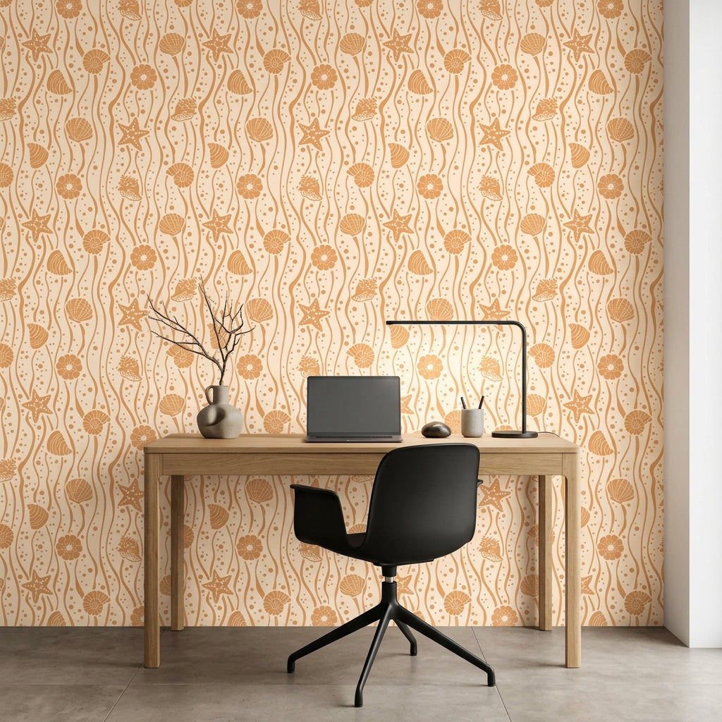 Apricot Tides warm coastal seashell wallpaper as a feature wall in a bright home office