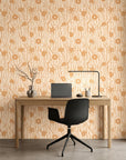 Apricot Tides warm coastal seashell wallpaper as a feature wall in a bright home office