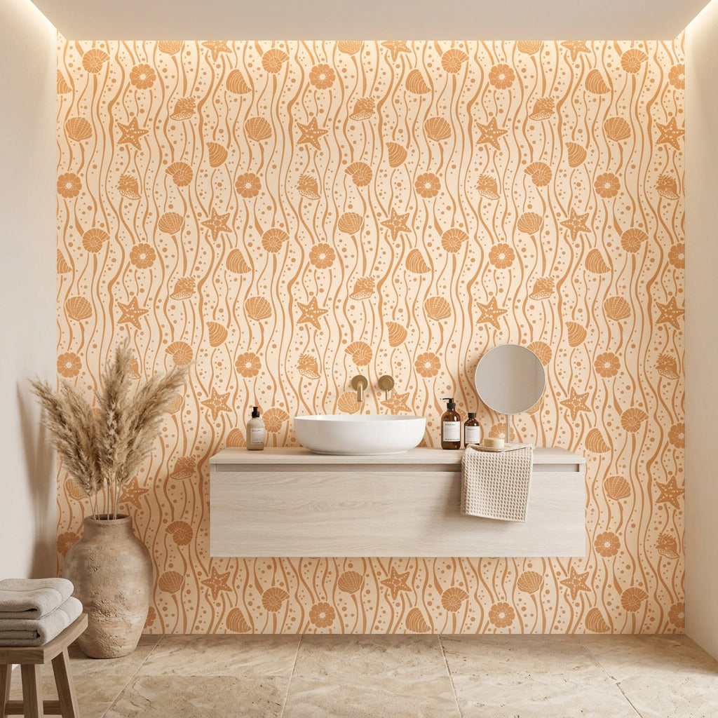Apricot Tides warm coastal seashell wallpaper creating ambiance in a serene bathroom