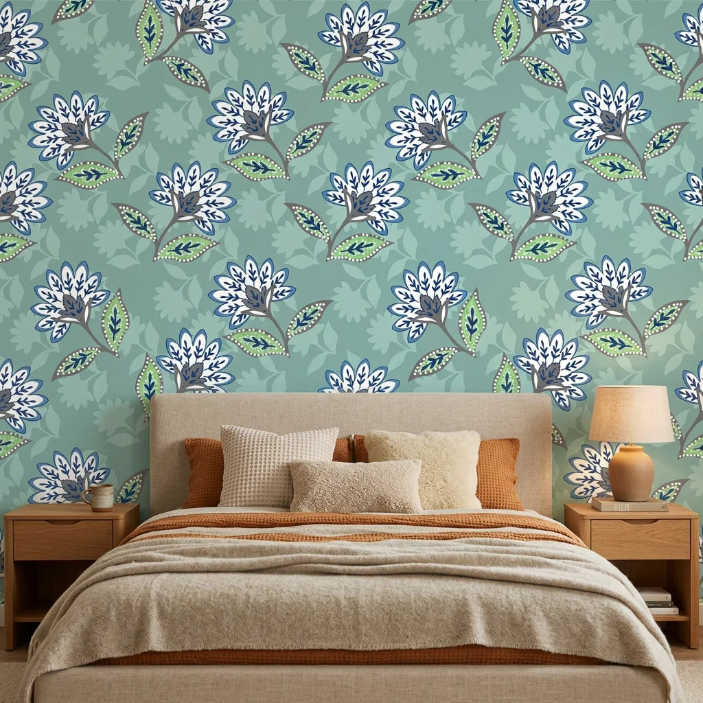 Smooth aqua blue floral peel and stick wallpaper - Aqua Folk Garden