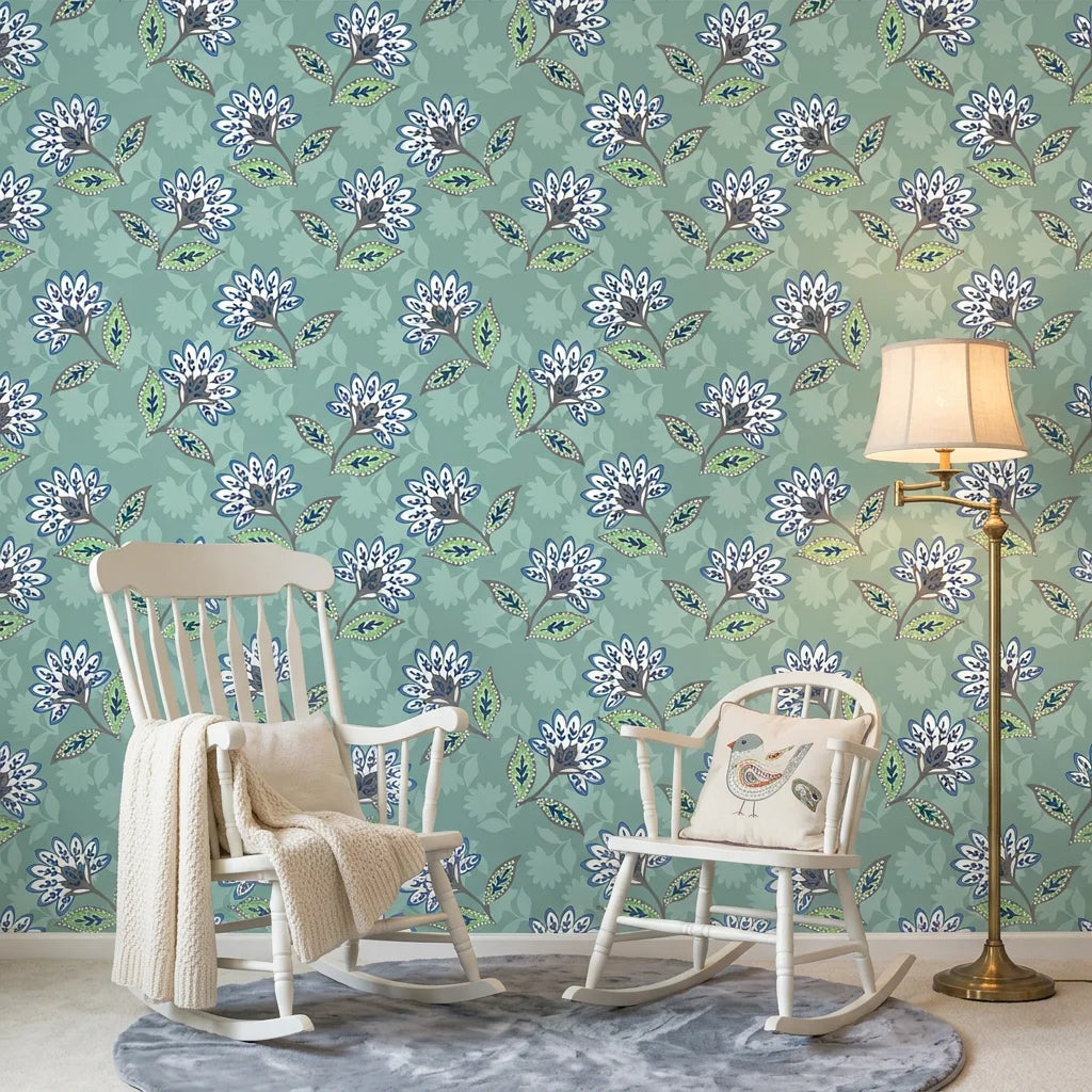 Aqua Folk Garden blue floral peel and stick wallpaper in a warm and inviting living room