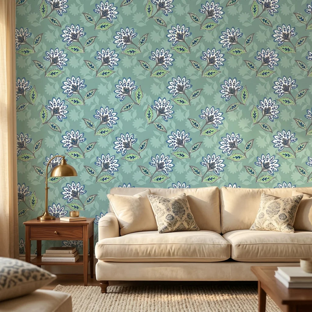 Aqua Folk Garden blue floral peel and stick wallpaper adding character to a cozy bedroom