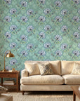 Aqua Folk Garden blue floral peel and stick wallpaper adding character to a cozy bedroom