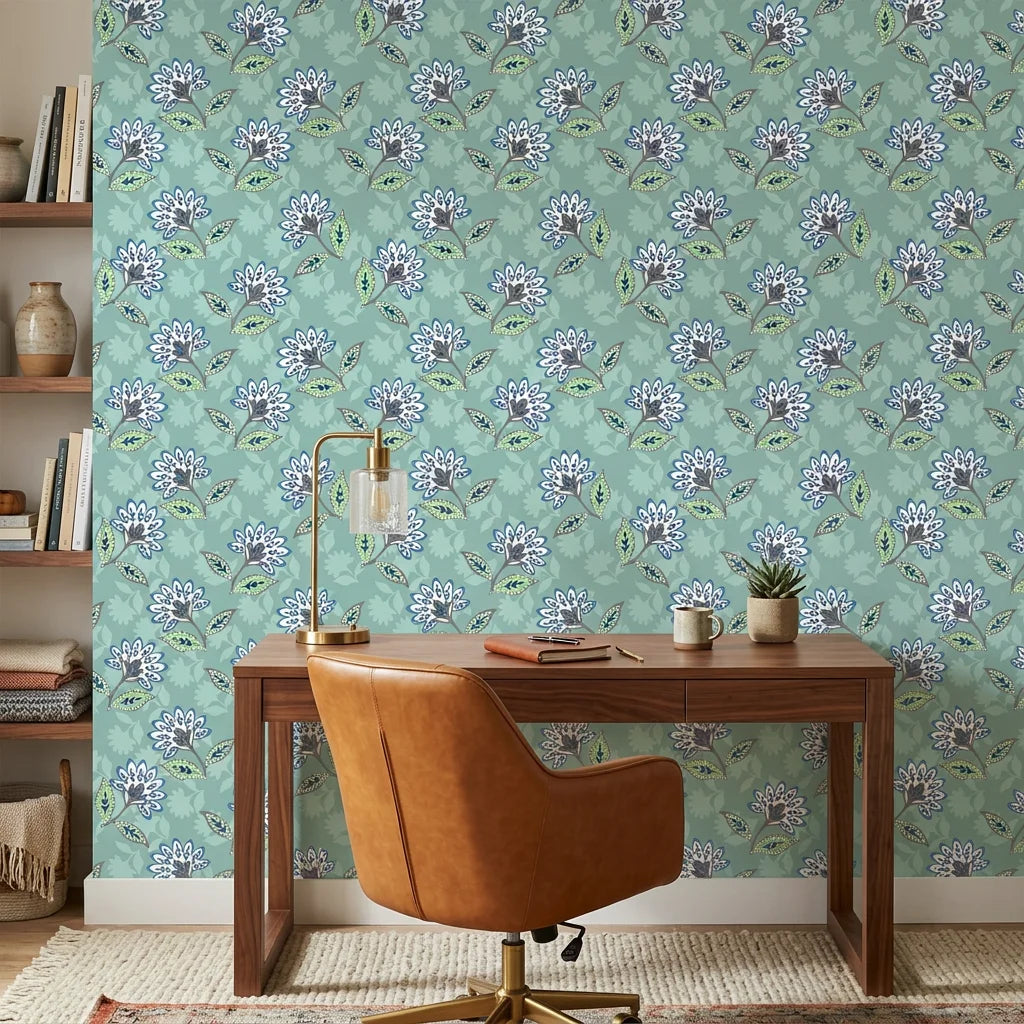 Aqua Folk Garden blue floral peel and stick wallpaper as a feature wall in a bright home office