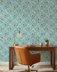 Aqua Folk Garden blue floral peel and stick wallpaper as a feature wall in a bright home office