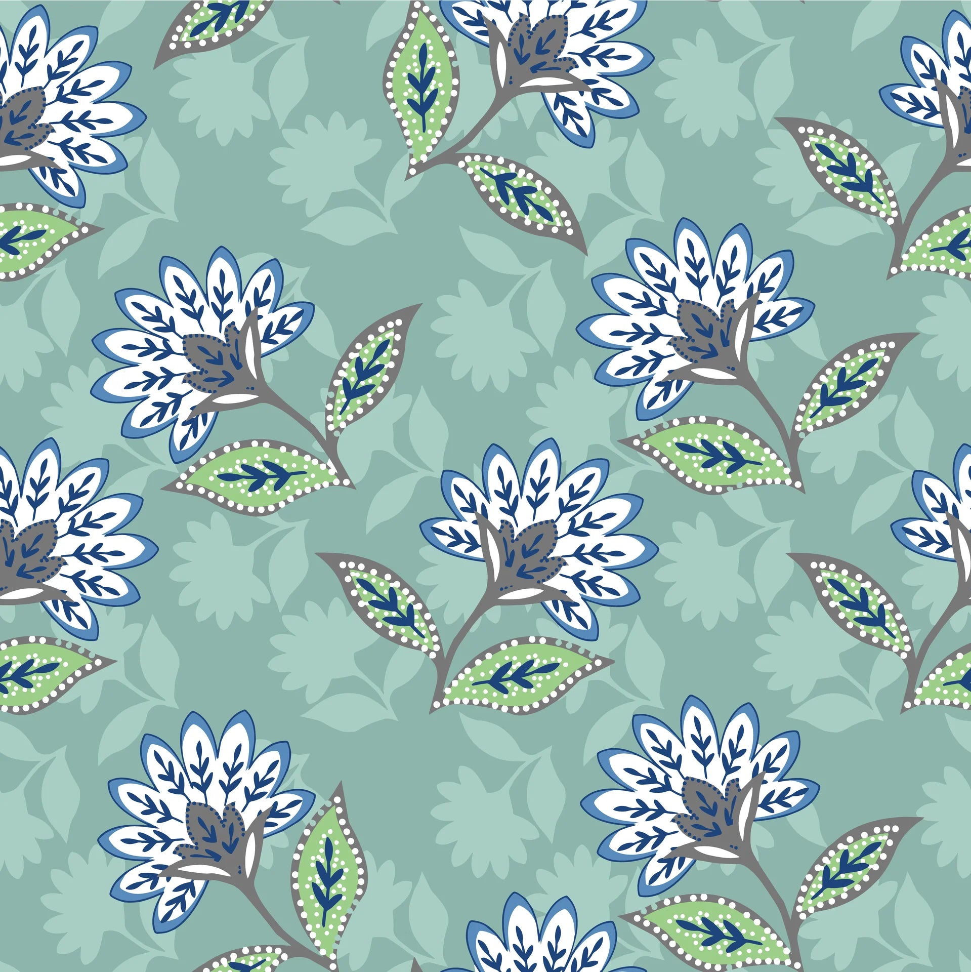 Aqua Folk Garden blue floral peel and stick wallpaper creating ambiance in a serene bathroom