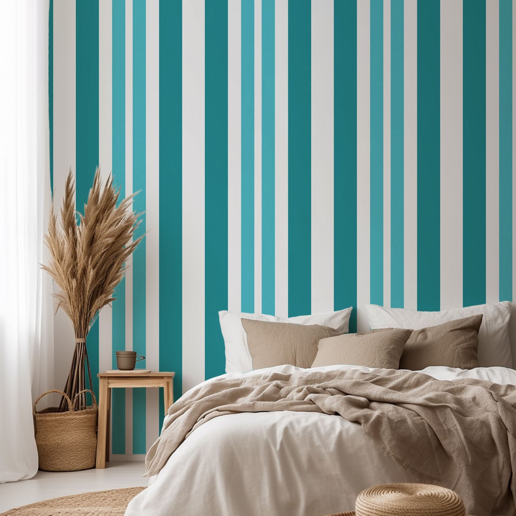 Teal and white self-adhesive, removable wallpaper featuring a vertical stripe design