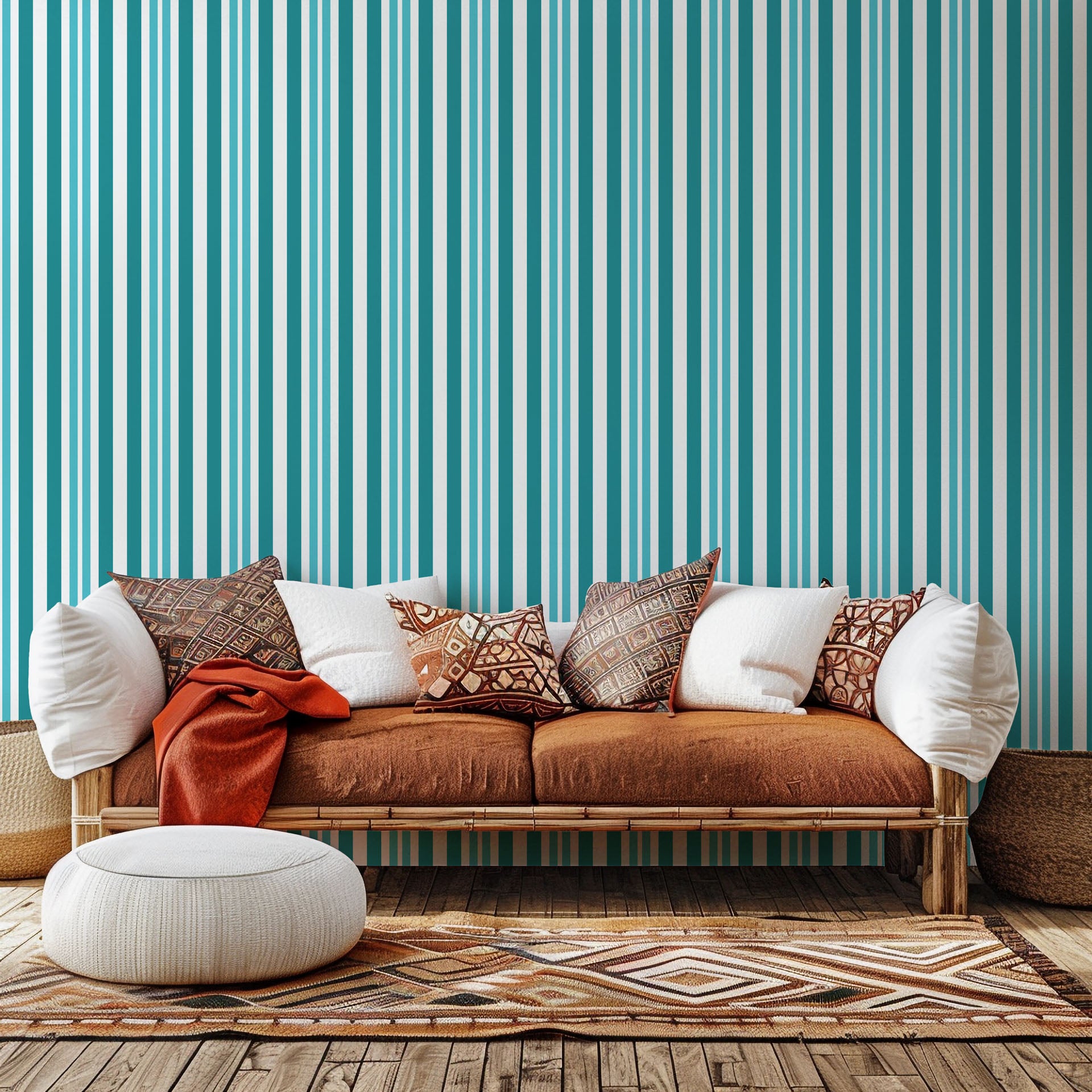 Self-adhesive wall covering featuring vertical teal and white stripes (Aqua Rhythm)