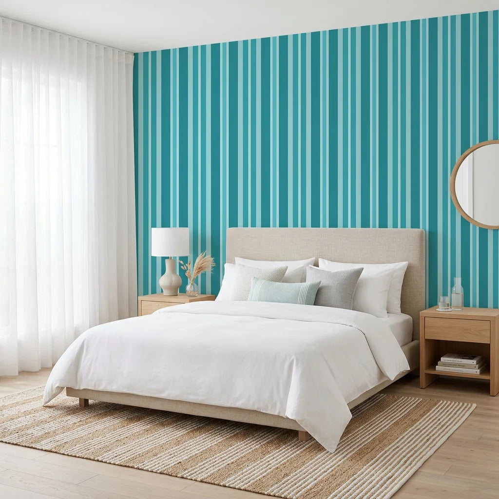 Aqua Rhythm teal and aqua vertical stripe wallpaper adding character to a cozy bedroom