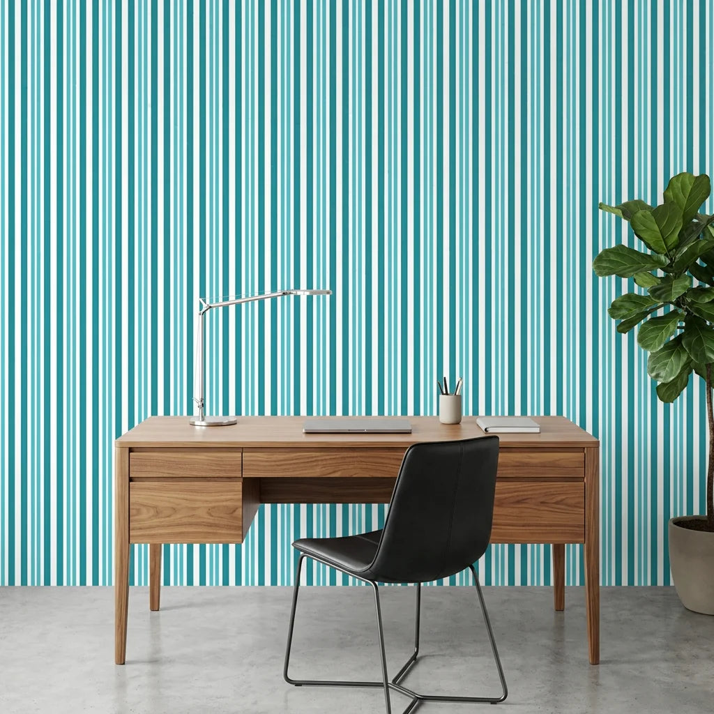 Aqua Rhythm teal and aqua vertical stripe wallpaper as a feature wall in a bright home office