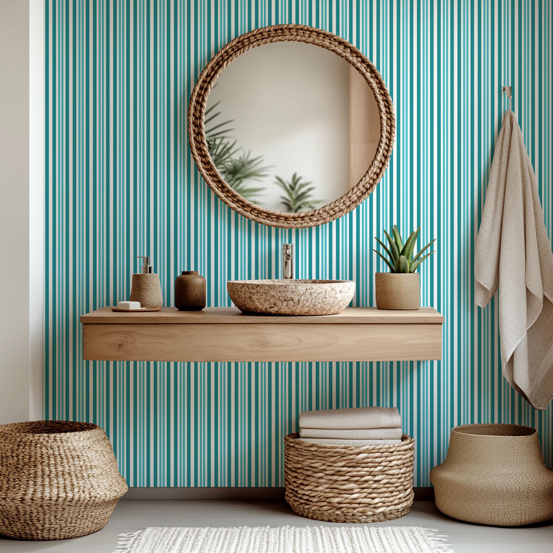 Self-adhesive wallpaper featuring vertical stripes in teal and white, named Aqua Rhythm