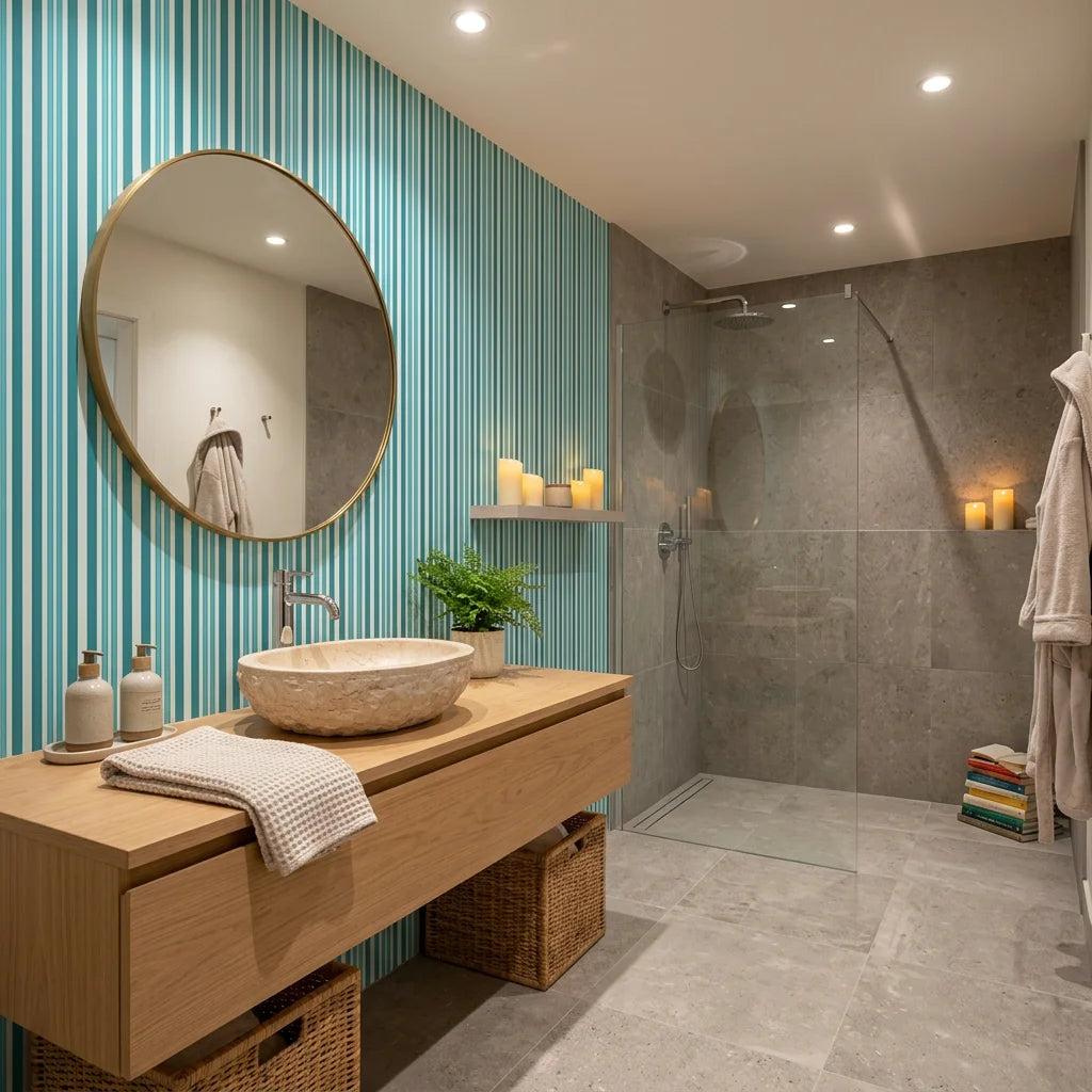 Aqua Rhythm teal and aqua vertical stripe wallpaper creating ambiance in a serene bathroom