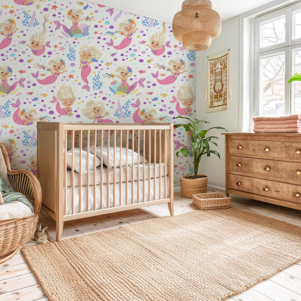 Removable ocean-themed wallpaper featuring a non-reflective mermaid scale pattern in pink, purple, and blonde - Aqua Dreams