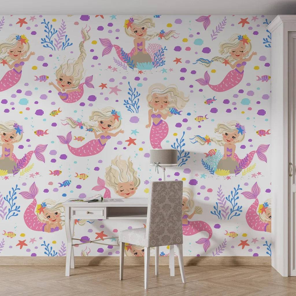 Soft pastel mermaid scale self-adhesive wallpaper in matte white, lilac, and blush pink with blonde accents - Aqua Dreams